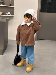 SHEIN 1pc Young Boys Casual Comfortable Fashion Simple Loose Fit Corduroy Lined Jacket, Suitable For Bomber Jacket, Varsity Jacket, Y2K Jacket, Boys Jacket, Kids Outfits, Young Boy Clothes, School Back To School Outfits, Suitable For Daily Wear, School, Travel, Sports, Autumn/Winter Season