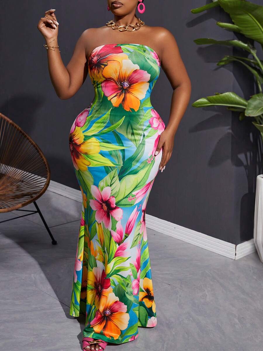 Slaydiva 休闲度假抹胸满花印花紧身鱼尾长裙女式连衣裙-C - 彩色 - 查看 1