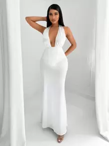 SHEIN SXY Women's Simple Minimalist Commute Satin Elegant Deep V-Neck Tie-Waist Backless Party Dress - White - View 4