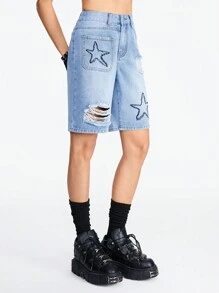 ROMWE Grunge Punk Shorts de mezclilla sueltos rectos de talle medio para mujer con bordado de estrella, diseño de graffiti, rasgaduras y varios bolsillos - Azul - Ver 4