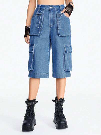 Grunge Punk Jeans capri simples et décontractés de couleur unie pour femmes