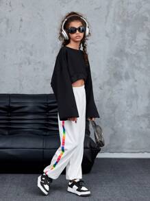 SHEIN Explorewe Tween Girls' Casual Sporty Colorful Print Elastic Waist Long Pants - White - View 5