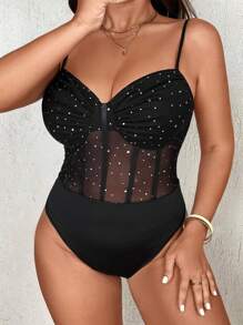 NU&NOW Bodysuit Renda Tanpa Lengan Ukuran Besar dengan Tali Bahu Tipis, Tanpa Punggung, dan Dekorasi Berkilau - Hitam - View 7