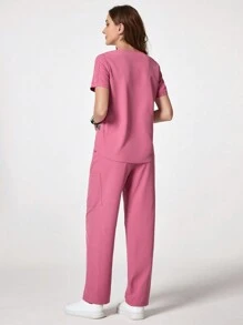 TaskEZ Contrast Color V-Neck Scrub Top And Cargo Pants  Uniform Set - Rusty Rose - View 2
