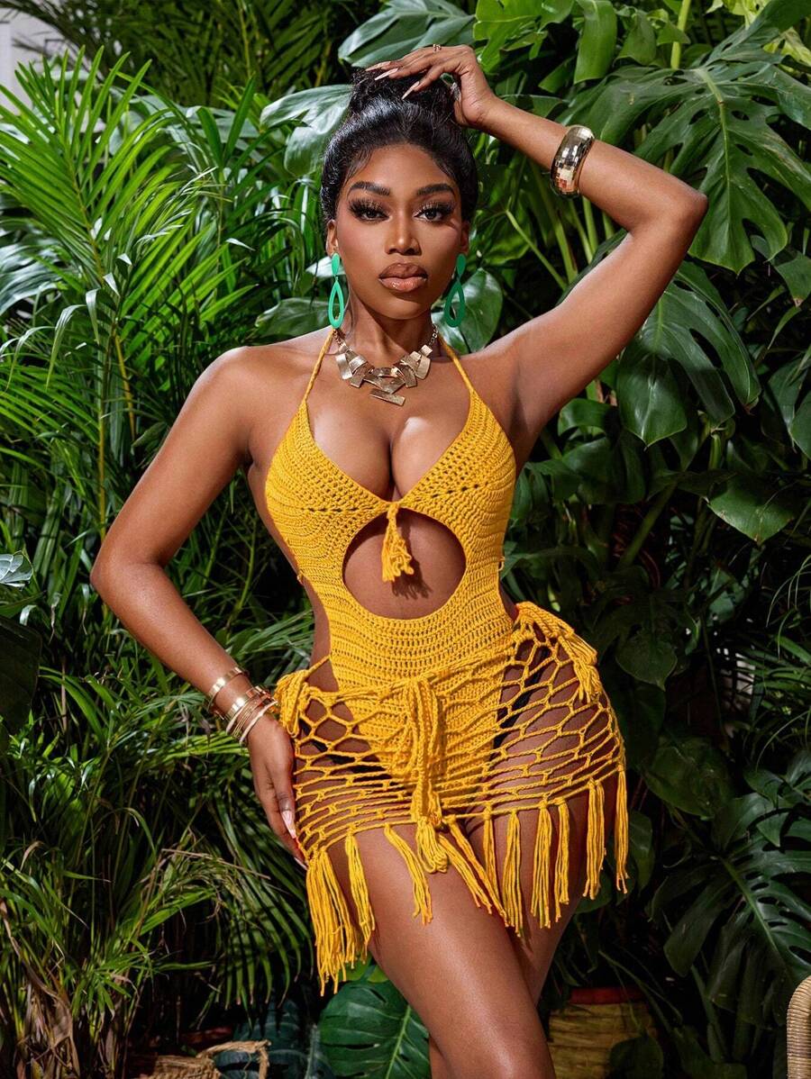 BamGleam 女士纯色简约日常针织连体裤和镂空裙套装 - 黃色 - 查看 1