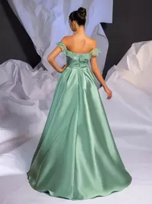 Glamrae Elegante y hermoso vestido largo de satén con abertura, con hombros descubiertos, con incrustaciones de flores en forma de lentejuelas, de color verde hierba, con gran vuelo desprendible, adecuado para eventos de boda, fiesta de graduación, cena formal y talla grande (estilo industrial pesado), vestido de noche formal para invitados de boda - Verde - Ver 4