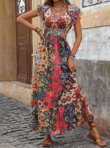 SHEIN LUNE Long Red Floral Print Dress For Women, Summer To Fall - Multicolor - View 5