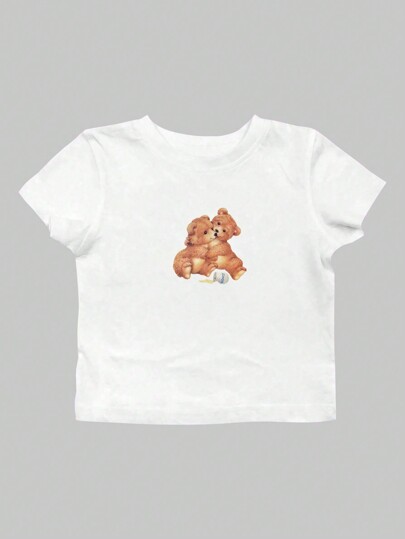 Kawaii Y2K Style Women's Sweet Bear Printed Short Tight T-Shirt With Cotton And Elastic Waist, School