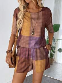 SHEIN LUNE Bộ 2 bộ quần short in họa tiết kẻ sọc ngắn tay cổ tròn dáng rộng cho nữ - Nhiều màu - Xem 4