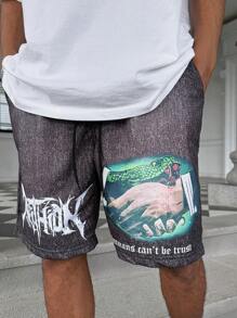 PAVTROS Quần Short Thắt Lưng Dây Rút Họa Tiết Tay & Khẩu Hiệu Cho Nam - màu đen - Xem 5