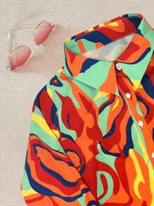 Maweii Plus Size Random Print Long Sleeve Shirt And Shorts 2pcs Set, Casual Holiday
