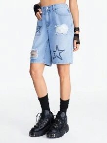 ROMWE Grunge Punk Shorts de mezclilla sueltos rectos de talle medio para mujer con bordado de estrella, diseño de graffiti, rasgaduras y varios bolsillos - Azul - Ver 5