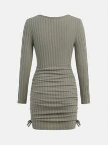 SHEIN Girlism Vestido casual de manga larga con cintura fruncida de punto acanalado verde del ejército para niñas adolescentes, principios de otoño