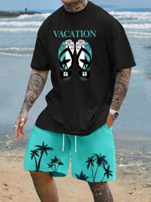 Manfinity RSRT Conjunto de 2 piezas para hombres de talla grande: camiseta de cuello redondo de manga corta con gráfico de letras y pantalones cortos tropicales con cordón, adecuado para vacaciones y playa