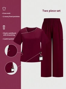 TaskEZ Burgundy Red Plus Size Scrub Uniforms Short Sleeve Top And Pants Set - Burgundy - View 1