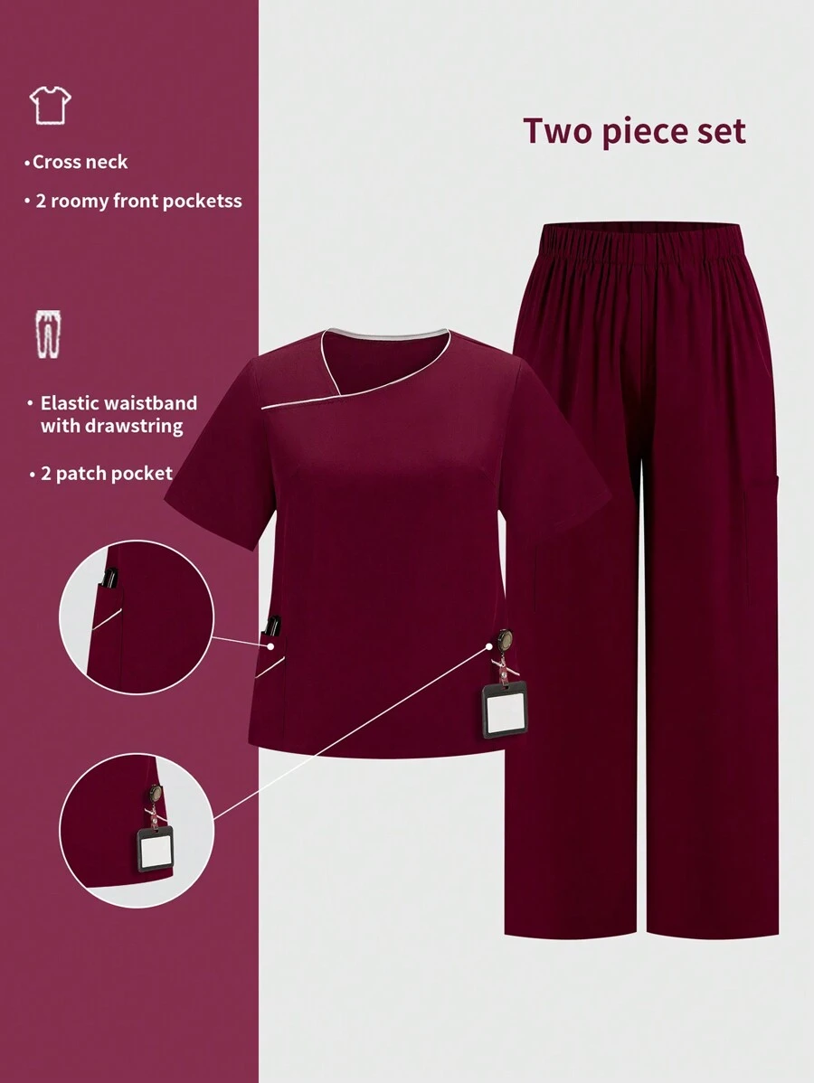 TaskEZ Burgundy Red Plus Size Scrub Uniforms Short Sleeve Top And Pants Set - Burgundy - View 1