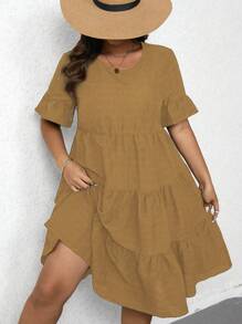 SHEIN LUNE Plus Size Casual Solid Color Ruffle Hem Dress - Brown - View 6