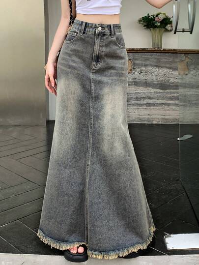 DAZY Women Solid Color Casual Denim Mermaid Skirt Jeans Skirt