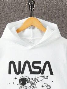 SHEIN Leap Crew 2 件套青少年男孩休闲百搭保暖宇航员主题印花连帽衫和裤子套装，适合派对、学校、郊游，羊毛材质，加厚，秋冬 - 黑與白 - 查看 5