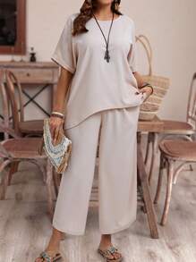 EMERY ROSE Conjunto de dos piezas de uso diario de talla grande para mujeres, con blusa de cuello redondo y pantalones, diseño liso y sencillo - Albaricoque - Ver 3