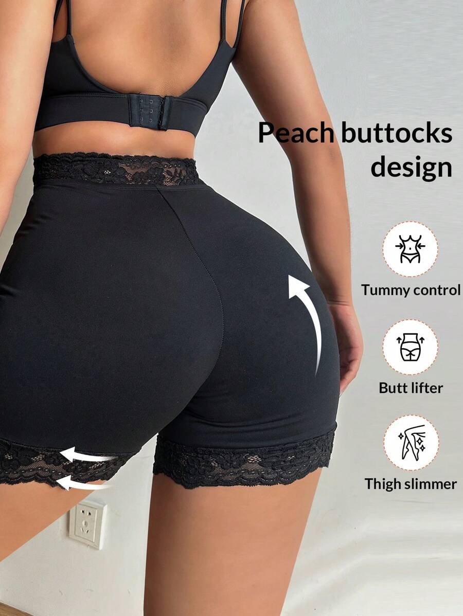 SHEIN Essnce Leggings curtas com controle de barriga e emenda de renda, cintura alta para mulheres Calças de moletom Leggings Calças cargo Moletom preto Looks para sair Leggings pretas Roupas de Halloween Looks de volta às aulas Exercícios Looks de outono preto Renda - Preto - Visão 1