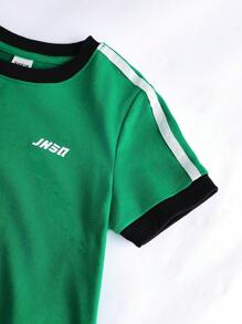 SHEIN Young Girl Knitted Patchwork T-Shirt With Color Contrast Letter Print And Woven Belt Shorts Casual Two-Piece - Multicolor - View 10