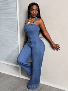 SHEIN Slayr Women's Button Front Wide Leg Casual Jumpsuit With Bib Overalls - Blue - View 5