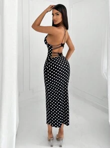 SHEIN SXY Vestido elegante y sexy de lunares blanco y negro con espalda descubierta y mariposa para mujeres