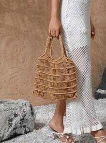 SHEIN VCAY 女士纯色针织单肩包，适合夏季海滩度假和旅行