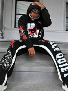 Manfinity Roghcode Conjunto de Moletom com Capuz e Calça Grafite em Estilo de Rua Gótico Escuro com Blocos de Cores Preta e Vermelha, Streetwear, Conjunto Masculino de Duas Peças, Preto e Branco, Halloween, Sair, Gráfico, Colorido, Presente para Namorado, Gótico - Multicolorido - Visão 4