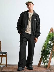 Manfinity VCAY Men's Casual Solid Color Embroidered Zip-Up Long Sleeve Jacket