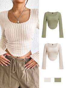 SHEIN EZwear Ren Mộc nhĩ Tay áo kèn  Viền không đối xứng Áo phông Crop - Màu Khaki - Xem 2