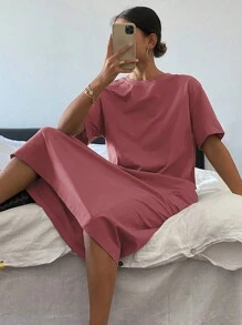 Livesso Đầm ngắn tay màu trơn dáng rộng dành cho nữ, đầm maxi mùa hè. - Màu Hoa hồng đỏ - Xem 3