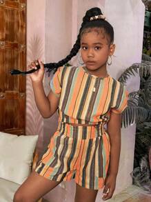 SHEIN Conjunto de 3 piezas para niñas preadolescentes: top casual sin mangas, pantalones de pierna recta y scrunchies para el cabello, primavera verano