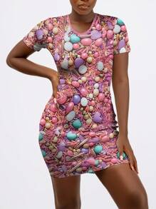 Maweii Plus Size Summer Printed Short Sleeve Round Neck Dress