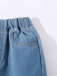 SHEIN Vintaside Kids Young Girl All-Match Washed Denim Jeans With Cute Floral Embroidery, Casual Everyday Wear Summer Holiday - Light Wash - View 3