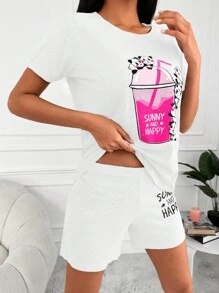 RueChic Bộ Pajama ngắn tay cổ tròn in hình gấu trúc hoạt hình và quần short Bộ đồ ngủ màu trắng - trắng - Xem 4