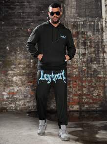Manfinity LEGND Plus Size Men's Letter & Skull Print Drawstring Sweatshirt And Pocket Pants Set,Halloween Clothes , Party , Goth , Plain , Letter - Black - View 6