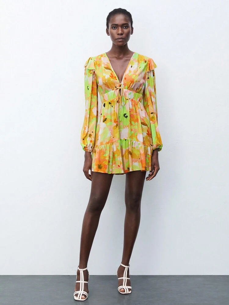 SHEIN Maija Women V-Neck Long Sleeve Casual Printed Mini Dress