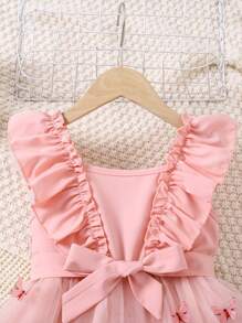 Vestido de contraste de malla con mangas abullonadas, efecto degradado en rosa y diseño de mariposa, para niñas jóvenes - Rosa - Ver 6