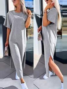 INAWLY Women Casual Solid Side Slit Dress - Grey - View 2