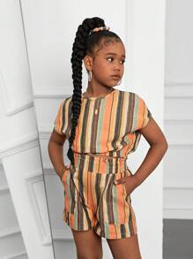 SHEIN Conjunto de 3 piezas para niñas preadolescentes: top casual sin mangas, pantalones de pierna recta y scrunchies para el cabello, primavera verano