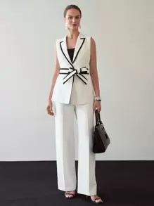 MOTF PREMIUM CONTRAST PIPING PEAK COLLAR BELTED WAISTCOAT