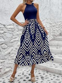 SHEIN Clasi Áo dệt kim có cổ nối dây dệt dài in hình cho mùa xuân hè - Màu xanh hải quân - Xem 1