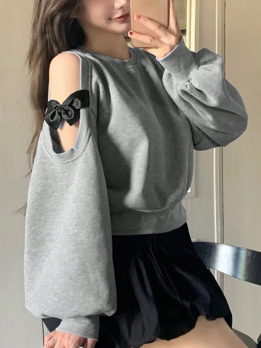 DAZY 女款寬鬆蕾絲套頭衛衣,鏤空肩部綁帶蝴蝶結設計,長袖上衣,秋季女裝校園風 - 灰色 - 查看 1