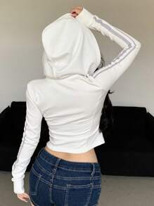 DAZY 女士休闲紧身撞色条纹短款连帽运动衫，春夏女式夹克，秋季女装 - 白色 - 查看 8