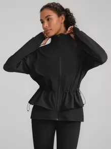 GLOWMODE Của phụ nữ Màu thuần Đứng cổ áo Eo dây rút Thể thao Áo khoác - màu đen - Xem 9