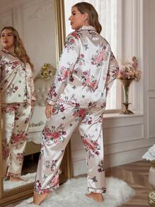 Plus Size Casual Kimono Style Floral Print Pajamas Set - Apricot - View 2