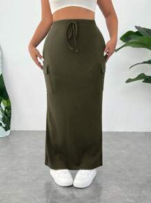 SHEIN EZwear Falda maxi informal de talla grande con bolsillo tipo cargo y cinturón