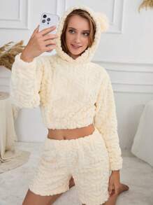 SHEIN Cottnline 2Pcs Patterned Embossed Plush Long Sleeve With Hoodie Shirt And Shorts Lounge Set - Apricot - View 5